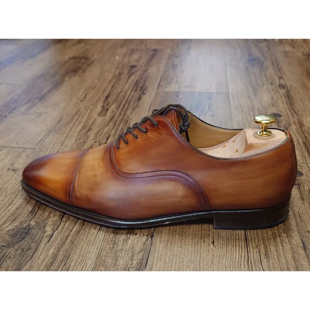Magnanni Men’s Cap Toe 12M Tan Brown Burnished Leather Dress Shoes